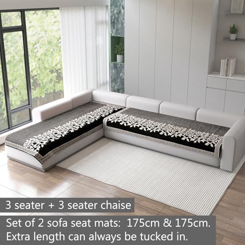 Image of Nendle Superior Velvet Floral Sofa Mat 7 Seater Set Cover Durable Protector for Living Room Sofa Set 4+3, Suitable for L Shape, Sectional and U Shape Sofa (Black, Pack of 2)