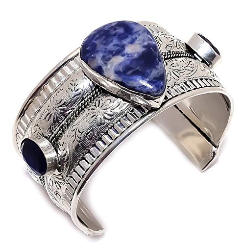 Bracelet sodalite bleue plaqué argent sterling fait main, manchette bohème chic unique pour femme