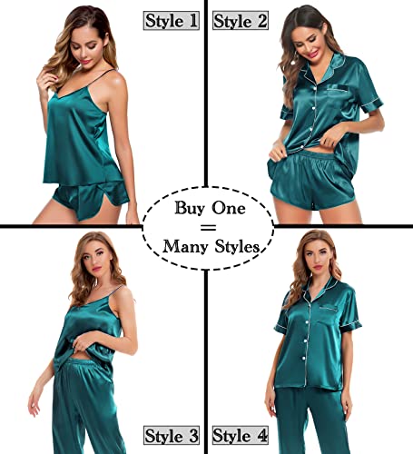 Image of SWOMOG Womens Silk Satin Pajamas Sets 4pcs Sleepwear Sexy Cami Shorts Set and Button Down Short Sleeve Pjs Loungewear