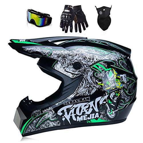 Men Women Full Face Motocross Helmet, With Goggles, Face Mask And Gloves Dot Approved Dirt Bike Off Road Motorcycle Helmet Mx Mtb Bmx Downhill Helmet,Green Locomotive,Xl #TOP6