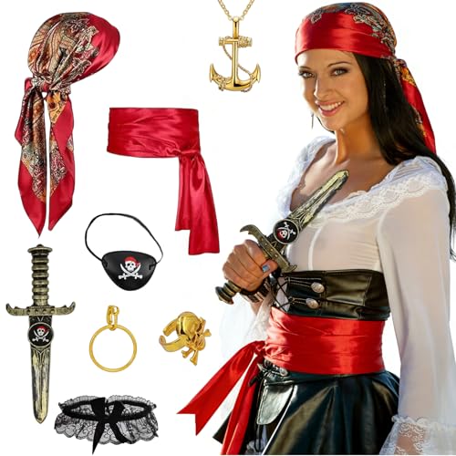 accessoire deguisement pirate homme et femme avec Ceinture Bandana Cache Oeil Pirate Boucles d'Oreilles Collier Bracelet Bague pour Cosplay Carnaval Festival et Soirée...