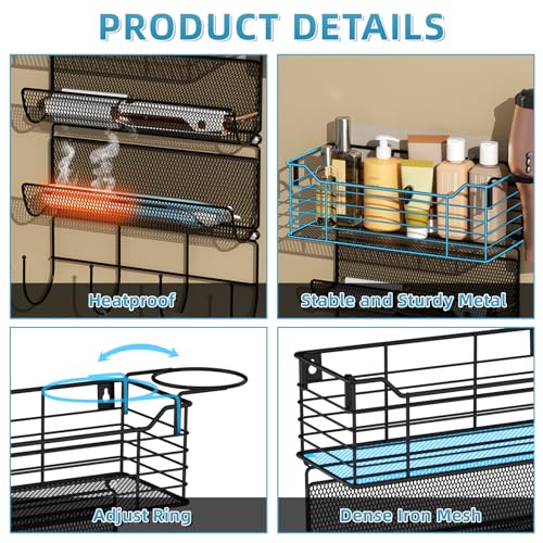 VITVITI-Metal-Hair-Tool-Organizer-Wall-Mount-Hair-Dryer-Holder-with-3-Tier-Shelf-Basket-Hooks-Bathroom-Hair-Styling-Tool-Organizer-for-Curling-IronBlow-DryerStraightener-Matte-Black