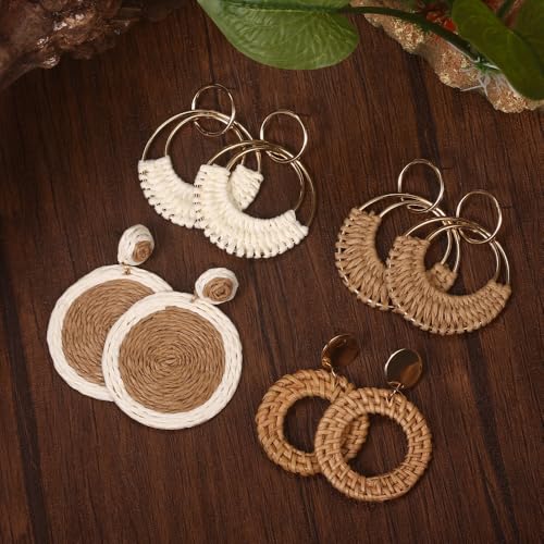 4 Pairs Handmade Raffia Rattan Bohemian Round Drop Dangle Earrings for Women, Boho Statement Cute Fun Hoop Earrings Set2