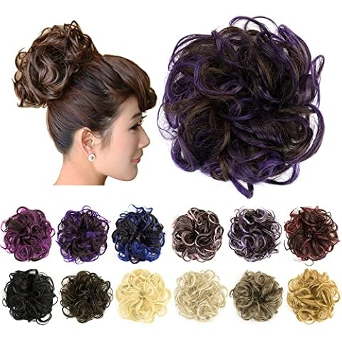 IMISSU 2PCS Messy Bun Hair Piece Updo Fake Scrunchies Ponytail Extension Wavy Curly Hairpieces Chignon Headband for Women Girls (2PCS Brown Purple) Cover