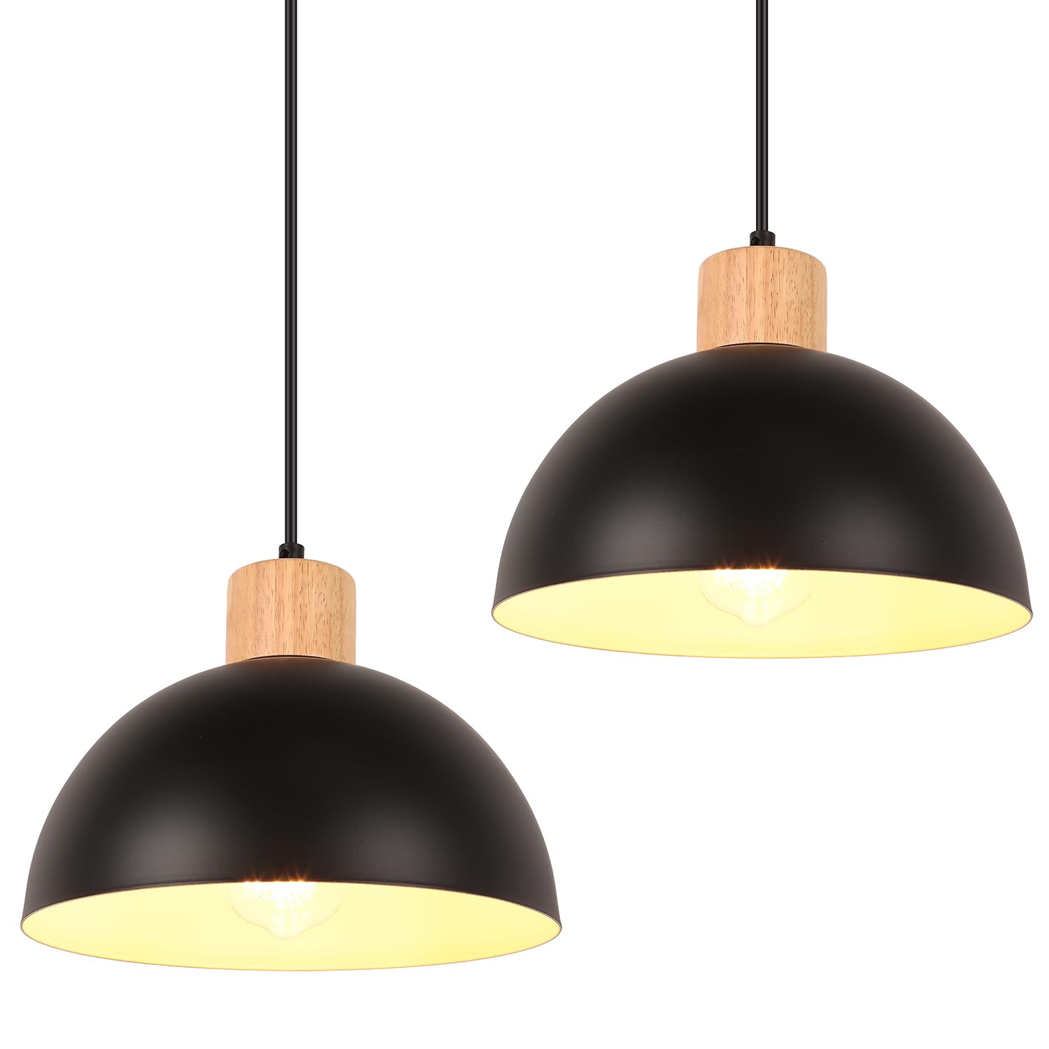iDEGU Zestaw 2 żyrandoli wiszących w stylu retro, nowoczesny styl, półokrąg, lampa sufitowa E27, drewniana metalowa lampa wisząca do jadalni, kuchni, salonu, sypialni, Ø 25 cm (czarna)
