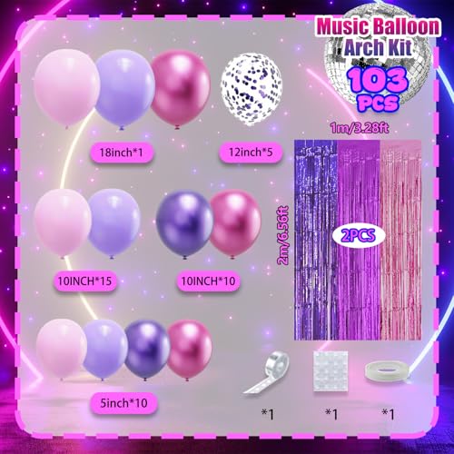 Image of Purple Pink Balloon Garland Arch Kit Birthday Party Decorations, Music Themed Foil Fringe Curtains Backdrop Tinsel Streamer Photo Booth Props for Butterfly Galentines Day Wedding Party Decor Supplies