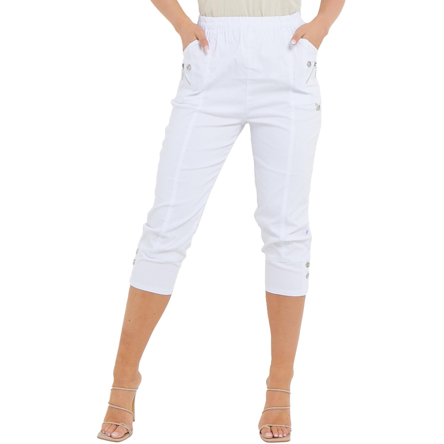 Pure Fashion UK Cropped Trousers New Cherry Berry Soft Cotton Stretch Capri Cropped 3/4s Elasticated Cropped Trousers Pants Size 8-26 UK (as8, Numeric, Numeric_20, Regular, Regular, White)