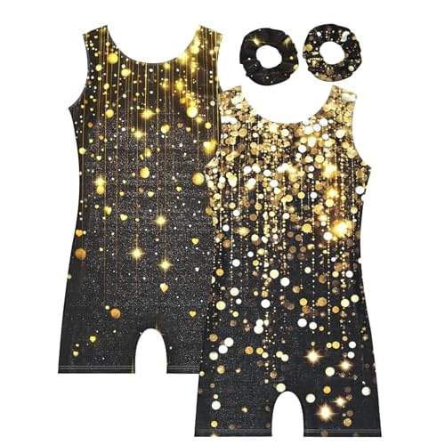 MOLLDAN Gymnastics Leotard for Girls Dance Biketard Unitards 2 Pack Tumbling Outfits for Kids 2pcs Black & Gloden Light Star 5Y(4-5T)