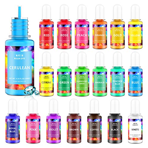Epoxy Resin Pigment Liquid Dye - Wayin 20 Colors Transparent Non-Toxic Epoxy Resin Dye Highly Concentrated Resin Colorant Mix Color for Jewelry Making Resin Coloring Paint DIY Crafts (10ml/Bottles)