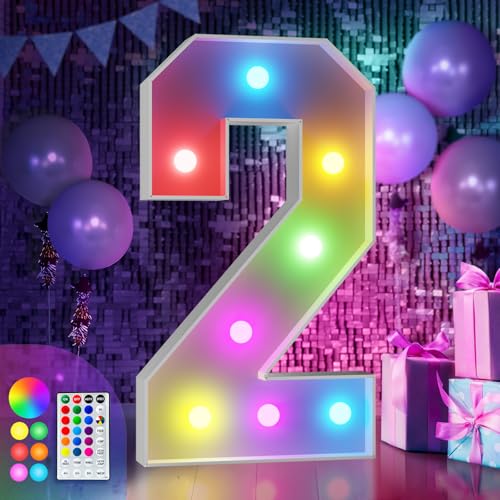 Image of Colorful 3FT Marquee Numbers 2, 18 Colors Large Light up Numbers | RGB with Remote, Birthday Party Decorations Anniversary Wedding Decorations Assembly Required 20 Pcs Accessory Set