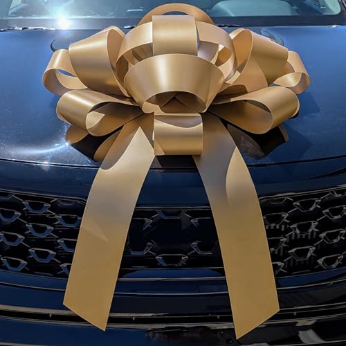Image of CarBowz Big Car Bow for Car Decorations and Birthday Car Gifts, Large Bow Ribbon, Magnet, Car Safe Sticker Included, Fully Assembled 30 inch Wide Huge Bow, No Suction Cup Needed (Gold)