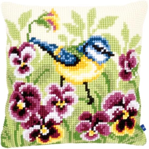 VERVACO Zestaw do Haftu Krzyżykowego Poduszka SIKORKA NA BRATKACH Kanwa z Nadrukiem 40 x 40 cm Gruba Włóczka Akrylowa Zrób to Sam Dekoracja Domu DIY Cross Stitch Kit