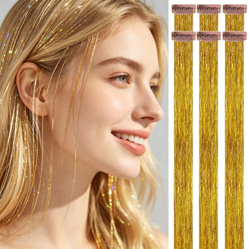 CELINABELLA Bronze Gold Hair Tinsel Clip-in 23Inch 70Strands Heat Resistant Warm Sparkle Hair Extensions 6PCS with Comb & Ribbon for Women Teens Fall Festival Daily Glam