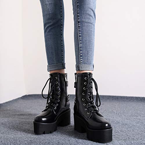 Image of Parisuit Womens Goth Patent Ankle Boots Platform Chunky Combat Boots | Lace Up, Gothic Boots, High Heel, Punk Short Booties, Buckle Boots, Chain Boots