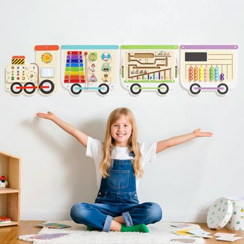 Image of Spacocld Montessori Sensory Board - Electric Train Wooden Wall Busy Board, Toddler Learning Panel Wall-Mounted, Educational Toys for 3-6 Years, Interactive Playroom Activity Gifts for Kid