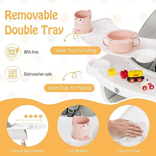 Image of BABY JOY Baby High Chair, Wooden High Chair for Babies & Toddlers with Dishwasher Safe Double Removable Tray, Infant Feeding Chair with 5-Point Safety Harness & Detachable PU Seat Cushion (Gray)