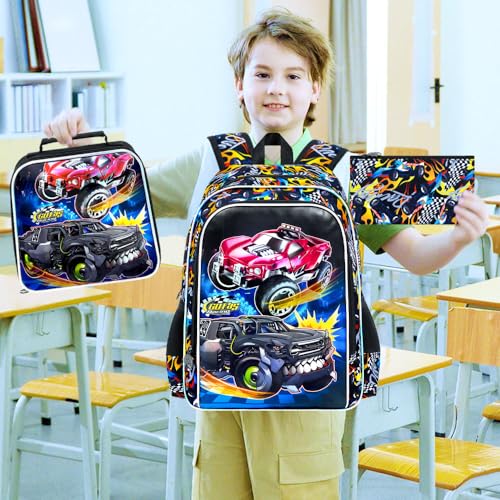 Image of 3Pcs Truck Backpack, 16 inch Boys Bookbag with Lunch Box, Kids School Backpacks Set for Elementary Preschool Kindergarten (Balck)