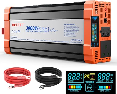 Rewing 3000W Power Inverter 12V to 240V AC Pure Sine Wave Inverter, ar Inverter DC 12v to AC 240V UK with AC Sockets Dual Car Adapter With LED Display Suitable for Travel, RV, Camping (3000W)