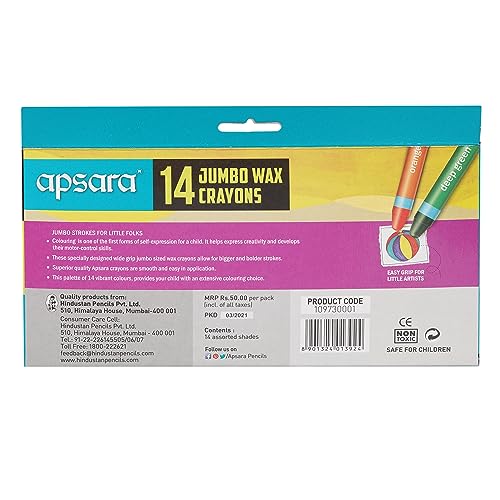 Image of Apsara Jumbo Wax Crayons - 14 Shades | Bright Colours | Jumbo Size for Better Grip | Bigger & Bolder Strokes | Non-Toxic | Safe for 3+ Age Children | 14 Shades in Each Pack, Ink Multicolor