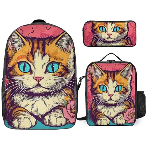 3 Piece Backpack for Women Men Lightweight Causal Daypack Shoulder Bag Set with Insulated Lunch Bag And Pencil Case Organizers Pop Art Cat