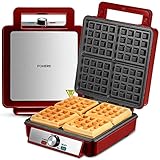 1200W Belgian Waffle Maker 4-Slice, Stainless Steel, 5 Browning Levels, Non-Stick Surfaces, Silver/Red, FOHERE - Perfect for Family Breakfasts