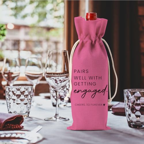 Image of Engaged Engagement Gifts for Couples Her Engagement Party Decorations | Engaged Wine Bag for Couple Women Pairs Well with Getting Engaged Wine Accessory Sets Pink Black