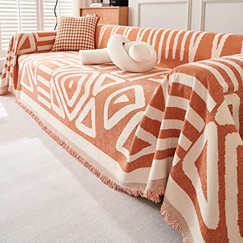 VClife Boho Couch Cover for Dog, Checkered Plaid Couch Covers for Girls Woman, Multi-Functional Sofa Furniture Protector with Tassel, Washable Pet Sofa Cover for 2 Cushion Couch, Caramel, 71'x118'