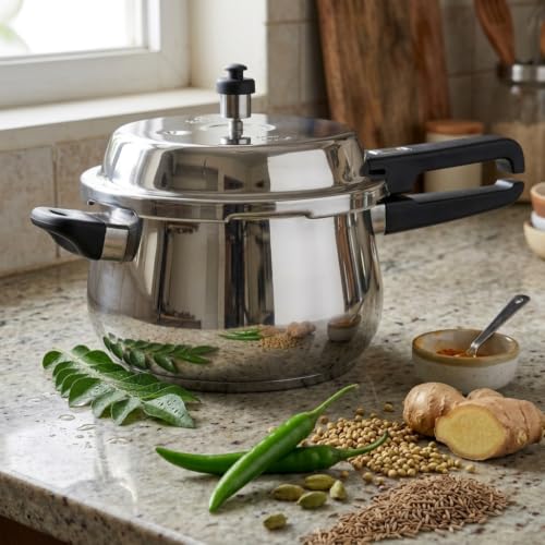 Image of GARUDA NRI Stainless Steel Pressure Cooker with Glass Lid, Handi Shape, Sandwich Bottom, Induction Compatible (5.5 Litres)