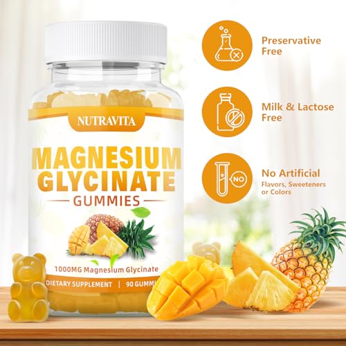 Magnesium Glycinate Gummies 1000mg with Magnesium L-Threonate,Chelated Magnesium Potassium Complex Supplement with VitD, B6, CoQ10, Calcium,Supports for Memory, Calm, Mood - 90 Mango pineapple Gummies
