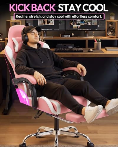 Image of Dowinx Ergonomic Gaming Chair with Footrest & Massage Lumbar, 2D-Linkage Armrests for Computer Chair 330lbs with Headrest Pillow for Office, Home, Streaming and Long Gaming Sessions, Fabric Pink White