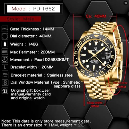 Image of CADISEN Pagani Design 1662 GMT Men's Automatic Mechanical Watch, Top Brand Stainless Steel Sapphire Glass, Diver's Watch Sports, Gift, Reloj Hombre.