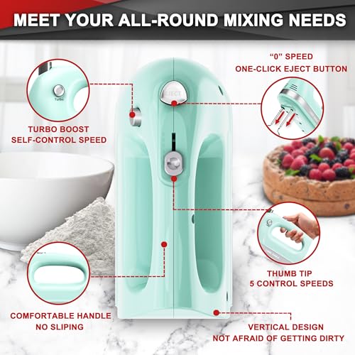 Image of Lord Eagle Hand Mixer Electric Handheld 400W, 5-Speed Lightweight Kitchen Mixer with Storage Case, 5 Stainless Steel Attachments for Baking Cake Egg Cream Food Beater, Turbo+Eject Button, Green