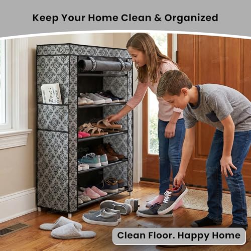 Image of Zest 4 Toyz 5 Shelf Shoe Rack for Home with Zip Door Cover & Side Pockets Shoe Stand Multipurpose Storage Rack for Footwear Toys Clothes with Dustproof Cover (Printed Design)