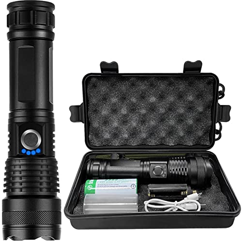Jsdoin LED Torch Rechargeable, Torches LED Super Bright 20000 Lumens 5500 mAh,Powerful Tactical Flashlight 5 Light Modes 26650 Battery Powered IPX6 Waterproof Aluminum Alloy for Camping Hiking