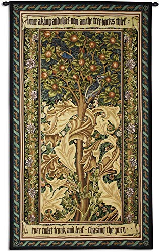 Woodpecker Gold by William Morris | Arts and Crafts Style Woven Tapestry Wall Art Hanging | Woodpeckers Stealing Fruit among Acanthus Leaves | 100% Cotton USA Size 72x41
