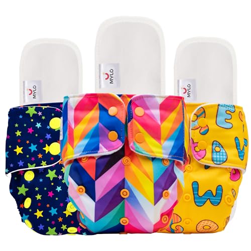 Image of Mylo Leak Proof Baby Cloth Diaper Combo (3 Diaper & 3 Inserts) for 3 Months to 3 Years Babies | Oeko Tex Certified Washable & Reusable Baby Cloth Diaper | Free Size - Twinkle, Abc, Rainbow