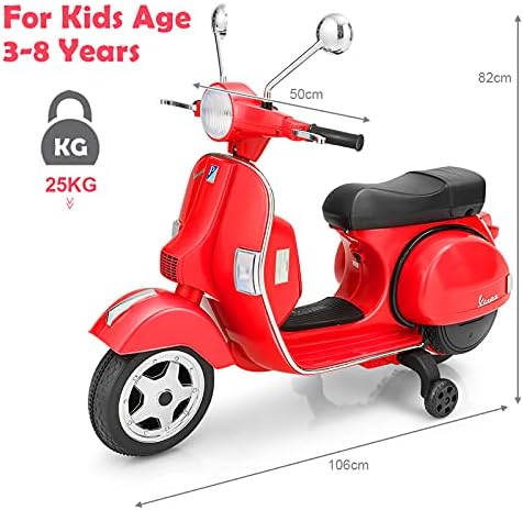 GYMAX Kids Motorbike, 6V Battery Powered VESPA Compatible Motorcycle with Training Wheels, Music, Headlight, USB, MP3 and SD Slot, Children Electric Ride on Motor Bike for Girls Boys (Red)
