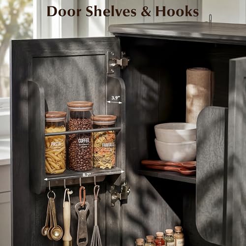 Image of 72.2 inch Tall Kitchen Pantry Cabinet with Doors, Farmhouse Storage Cabinet with Charging Station & LED Light, Drawer, Adjustable Shelves and Pull-Out Shelves, Black Wood Pantry Cupboard for Dining Room