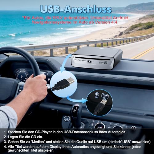 Auto CD Player mit USB-Anschluss - Timzeit Extern Universal CD Player für Auto PKW LKW mit AUX-kabel und Fernbedienung, Externes CD Laufwerk für Laptop, PC, Fernseher, kompatibel mit Android Autoradio