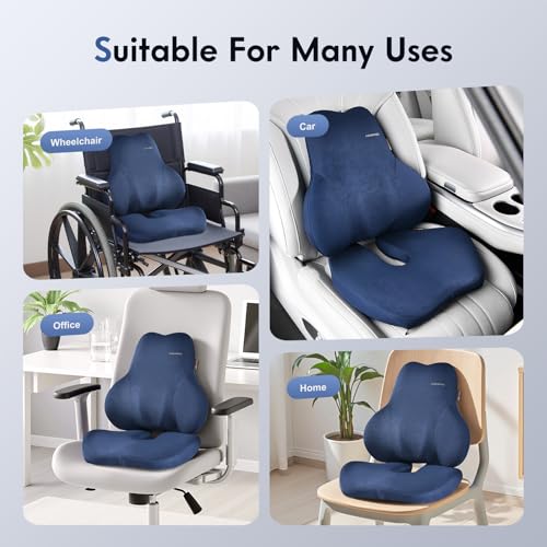 Image of Coverado Memory Foam Car Seat Cushion and Lumbar Support Pillow for Car, Ergonomic Office Chair Cushion for Lower Back Pain Relief, Breathable & Non-Slip for Car, Home, and Office Use, Blue