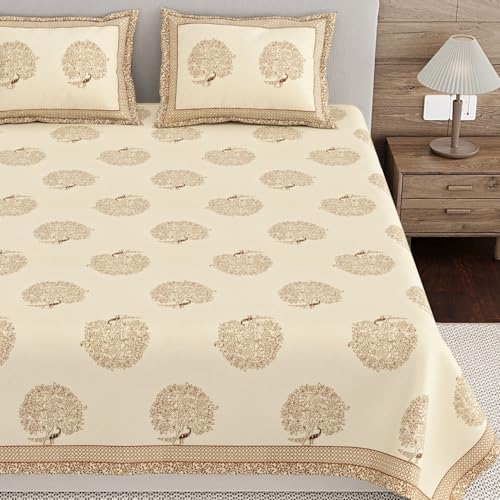 Image of Living Roots Ethnic Jaipur Block Print Double Cotton Bedsheet & 2 Pillow Covers, for Mattress Upto 6 inches Thick, No Colour Bleeding, Earth Brown Colour, King Size 90 * 108 inches, 120TC (605-B)