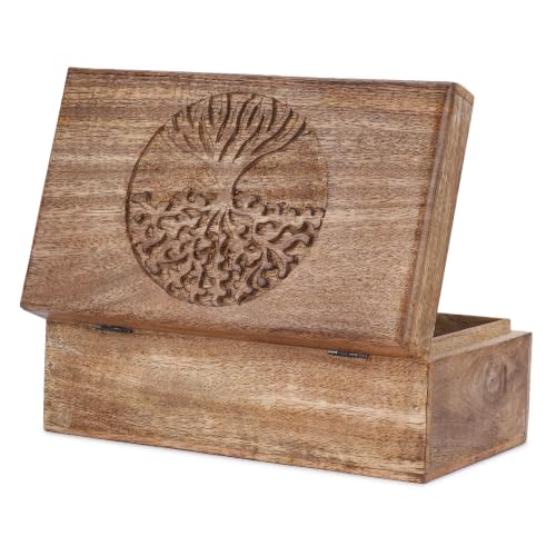 Image of Ajuny Centre Tree Wooden Keepsake Box 10 x 6 Inch Carved Jewellery Box