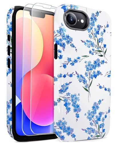 Coque iPhone 16E rigide anti-rayure fleur bleue avec verres 9H