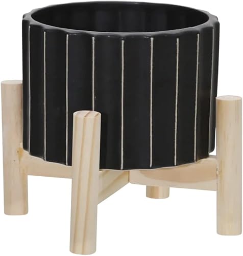 Sagebrook Home Maceta de cerámica con soporte, maceta moderna de cerámica con base de madera de pino, soporte decorativo para plantas de