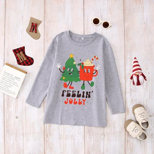 Kids Christmas Shirts Girls Boys Feelin Jolly Long Sleeve T-Shirts Xmas Tree Hot Cocoa Graphic Tee Holiday Fall Tops4