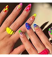 Almond Press on Nails Colorful French Tip Fake Nails with Flower Plaid Designs False Nails for Wo...