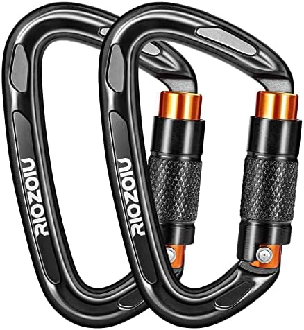 UIAA Certified Auto Locking Climbing Carabiner Clips 25KN Heavy Duty Large Locking Carabiner Clips for Rock/Ice Climbing Rappelling D Shaped 3.93 Inch, Large Size, Black (2)