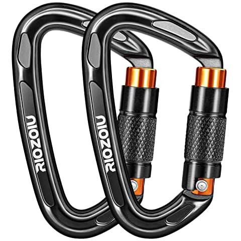 Riozoiu UIAA Certified Auto Locking Climbing Carabiner Clips 25KN Heavy Duty Large Locking Carabiner Clips for Rock/Ice Climbing Rappelling D Shaped 3.93 Inch, Large Size, Black (2) Cover