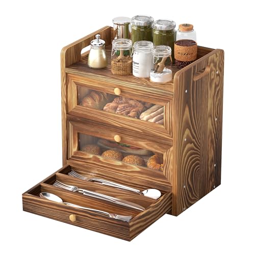 bimiti Bread Bin Two-layer Bread Box With Drawer Large Bambo