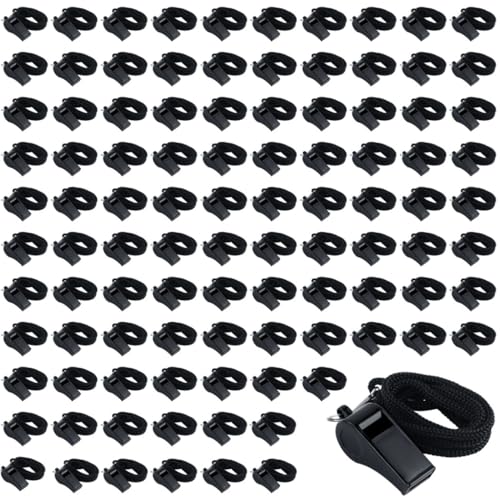100 silbatos negros de plástico para deporte y emergencias miniatura 1